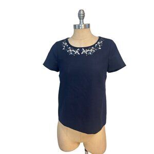 J.Crew Jewel-Neck Top Size 0 Navy Wool Shirt Rhinestones